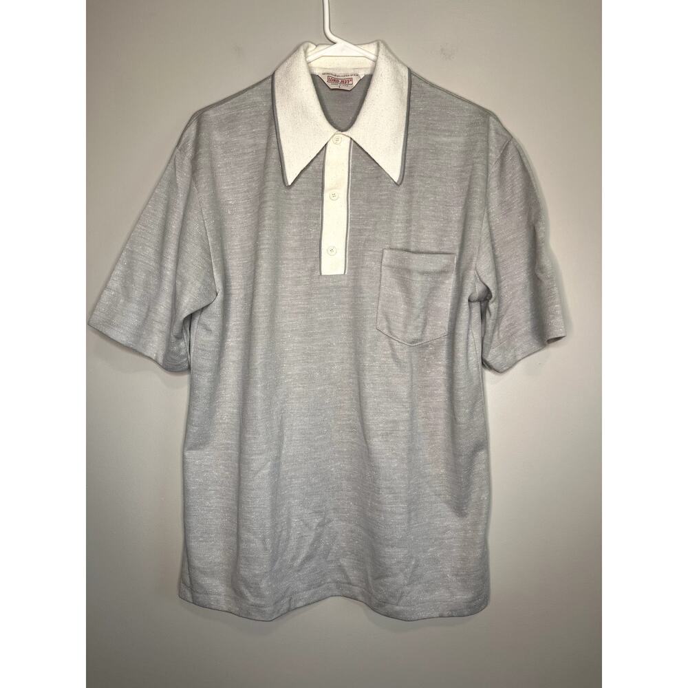 1970s Lord Jeff Light Gray White Silk Blend Textured Disco Dagger Collar Shirt L